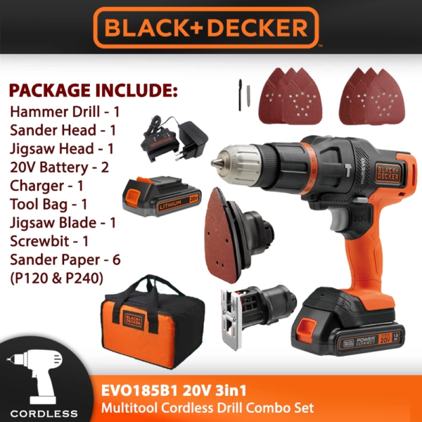 94eef5ae8fc99894be3680b0aa390dd0.png BLACK + DECKER EVO185B1 20V Max 3 In 1 Multitool Combo Set Cordless Impact Drill